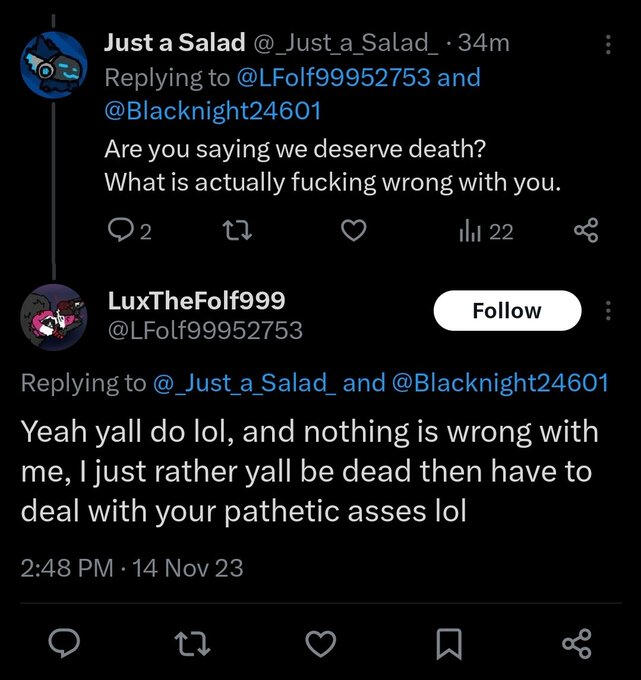 luxxe threatening @_Just_a_Salad_ to hurt themselves and luxxe harrassing others
